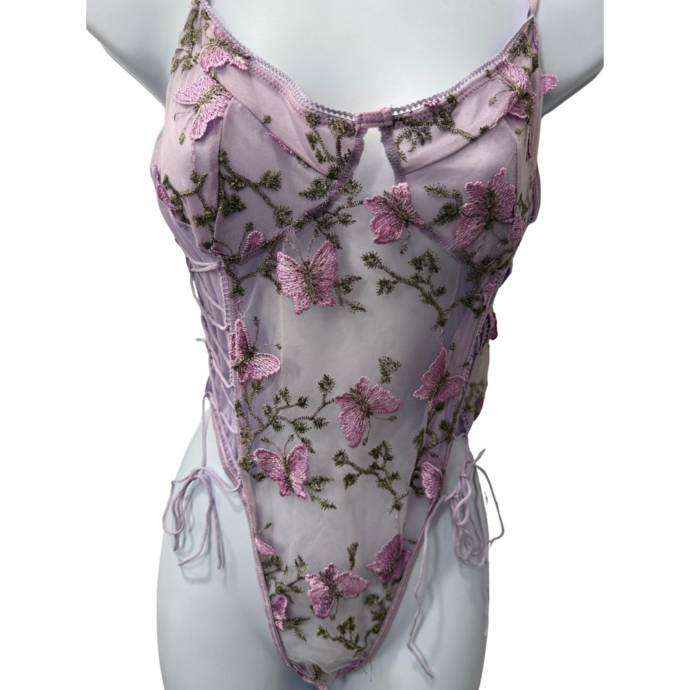 Butterfly Embroidered Mesh Bodysuit Purple Lace Up Fairy Coquette S